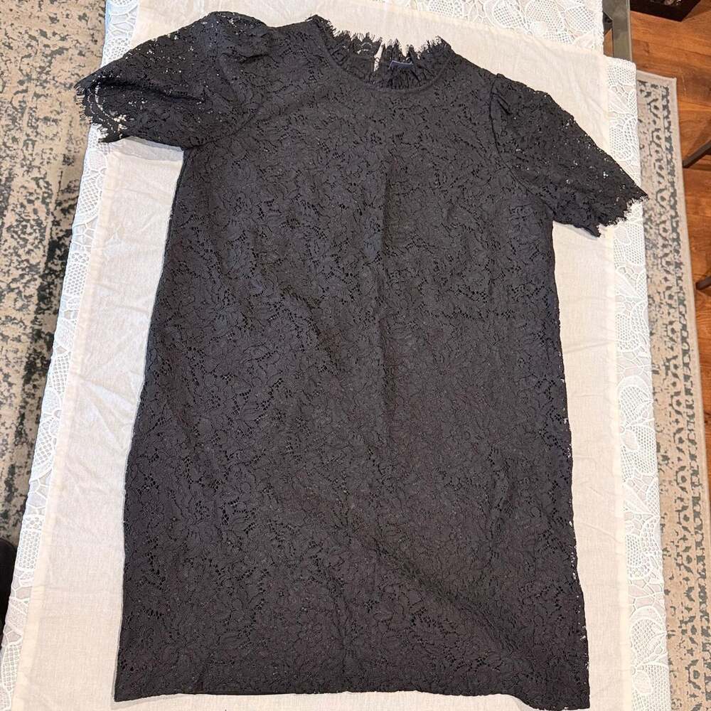 Gap Black Floral Lace Ruffle Mock Neck A-Line Shift Dress Large